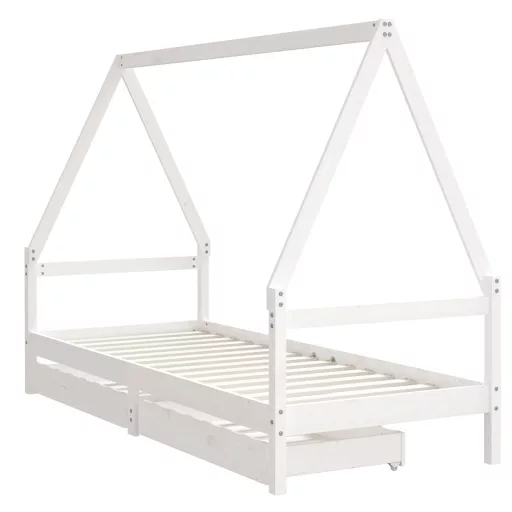 Fehér tömör fenyőfa gyerekágykeret fiókokkal 80 x 200 cm