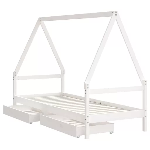 Fehér tömör fenyőfa gyerekágykeret fiókokkal 80 x 200 cm