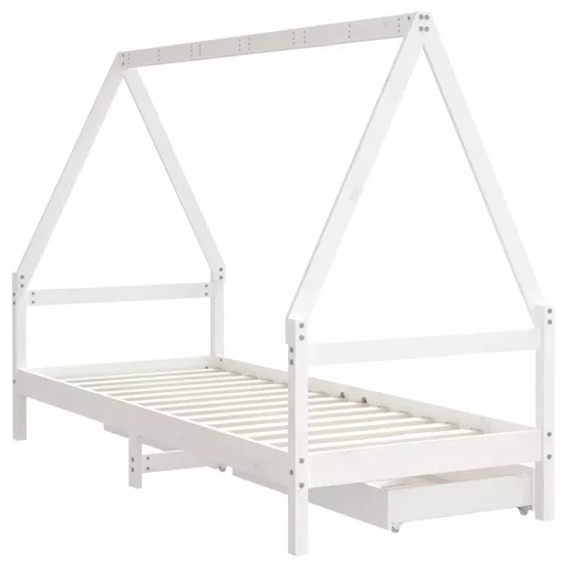 Fehér tömör fenyőfa gyerekágykeret fiókokkal 80 x 200 cm