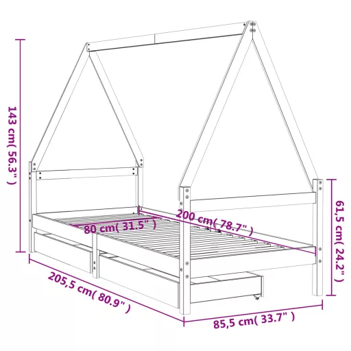Fehér tömör fenyőfa gyerekágykeret fiókokkal 80 x 200 cm