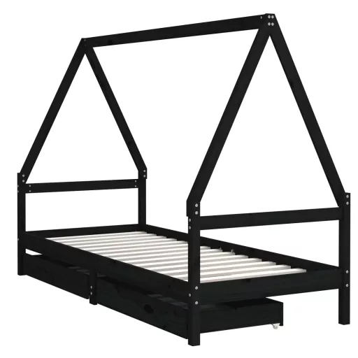 Fekete tömör fenyőfa gyerekágykeret fiókokkal 80 x 200 cm