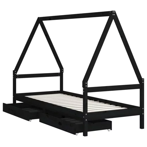 Fekete tömör fenyőfa gyerekágykeret fiókokkal 80 x 200 cm