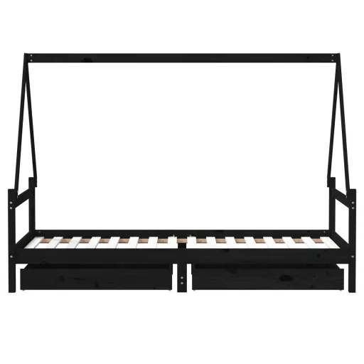 Fekete tömör fenyőfa gyerekágykeret fiókokkal 80 x 200 cm