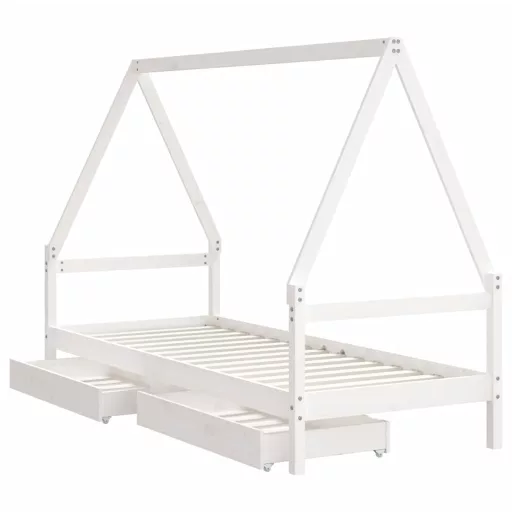 Fehér tömör fenyőfa gyerekágykeret fiókokkal 90 x 200 cm
