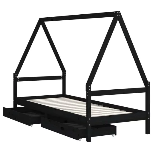 Fekete tömör fenyőfa gyerekágykeret fiókokkal 90 x 200 cm