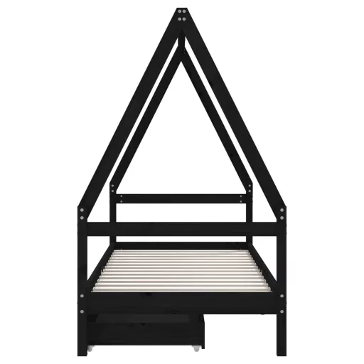 Fekete tömör fenyőfa gyerekágykeret fiókokkal 90 x 200 cm