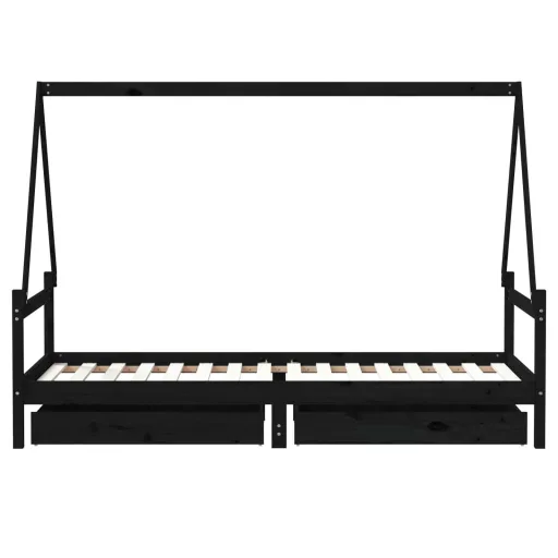 Fekete tömör fenyőfa gyerekágykeret fiókokkal 90 x 200 cm