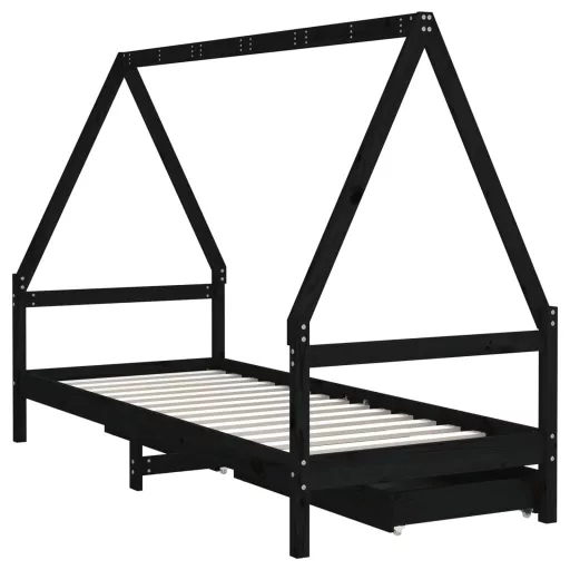 Fekete tömör fenyőfa gyerekágykeret fiókokkal 90 x 200 cm