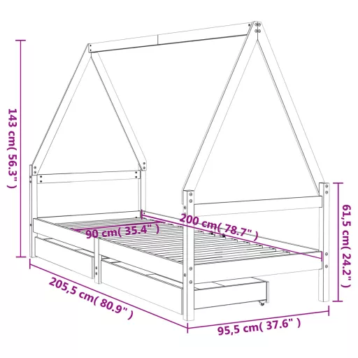 Fekete tömör fenyőfa gyerekágykeret fiókokkal 90 x 200 cm