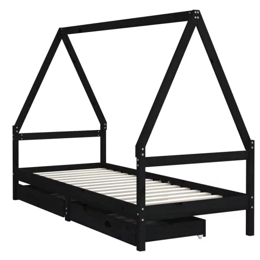 Fekete tömör fenyőfa gyerekágy keret fiókkal 90x190 cm