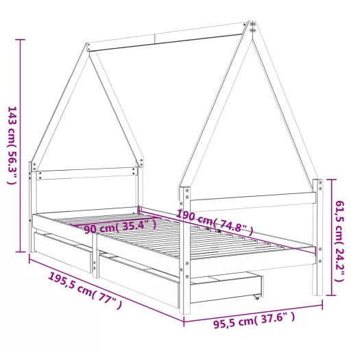 Fekete tömör fenyőfa gyerekágy keret fiókkal 90x190 cm