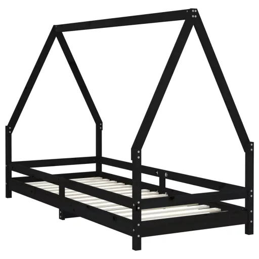 Fekete tömör fenyőfa gyerekágykeret 80 x 200 cm