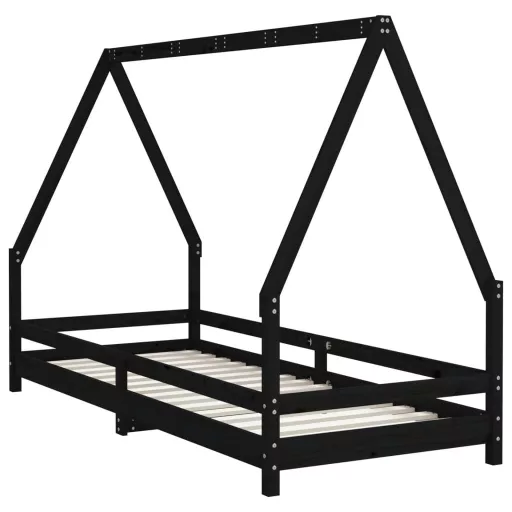 Fekete tömör fenyőfa gyerekágykeret 80 x 200 cm