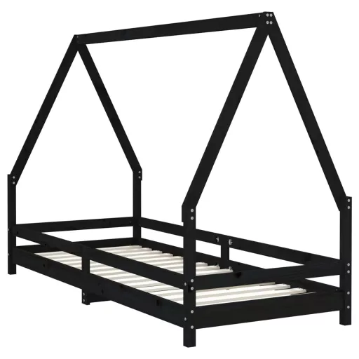 Fekete tömör fenyőfa gyerekágykeret 90 x 200 cm