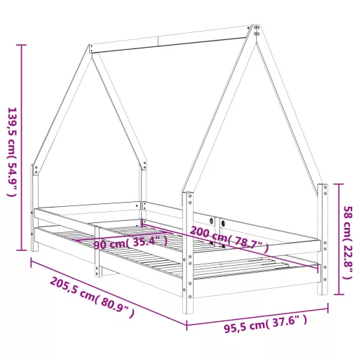Fekete tömör fenyőfa gyerekágykeret 90 x 200 cm