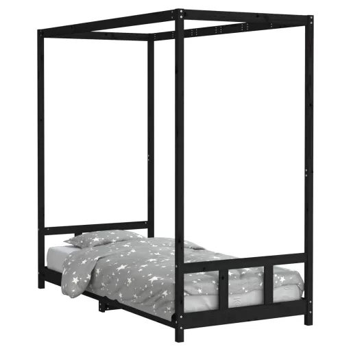 Fekete tömör fenyőfa gyerekágykeret 90 x 200 cm