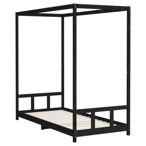 Fekete tömör fenyőfa gyerekágykeret 90 x 200 cm