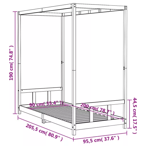 Fekete tömör fenyőfa gyerekágykeret 90 x 200 cm