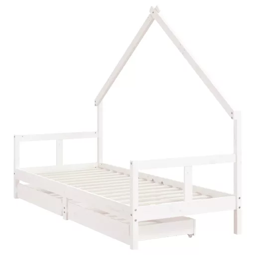 Fehér tömör fenyőfa gyerekágykeret fiókokkal 80 x 200 cm