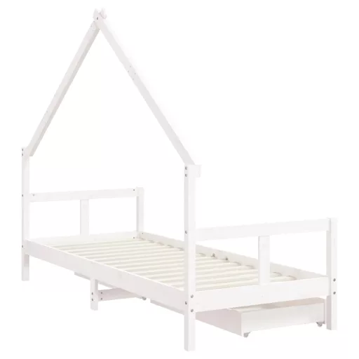 Fehér tömör fenyőfa gyerekágykeret fiókokkal 80 x 200 cm