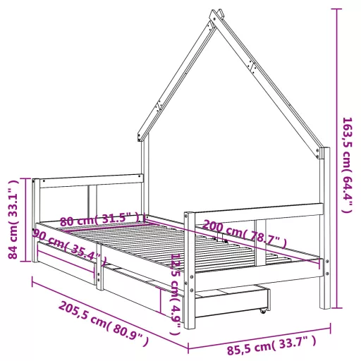 Fehér tömör fenyőfa gyerekágykeret fiókokkal 80 x 200 cm
