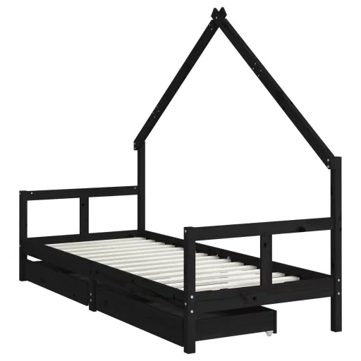 Fekete tömör fenyőfa gyerekágykeret fiókokkal 80 x 200 cm