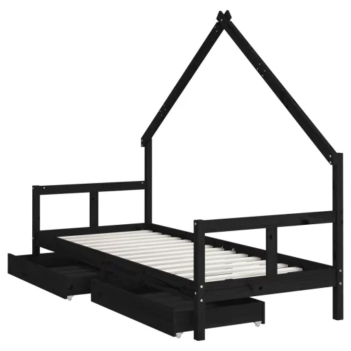 Fekete tömör fenyőfa gyerekágykeret fiókokkal 80 x 200 cm
