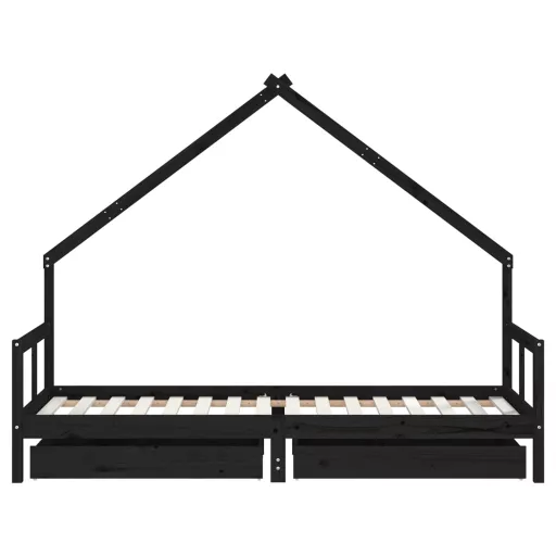 Fekete tömör fenyőfa gyerekágykeret fiókokkal 80 x 200 cm