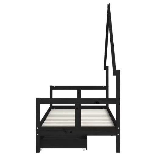 Fekete tömör fenyőfa gyerekágykeret fiókokkal 80 x 200 cm