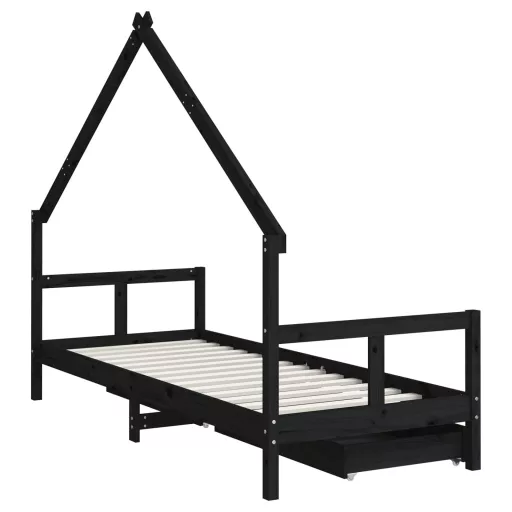 Fekete tömör fenyőfa gyerekágykeret fiókokkal 80 x 200 cm