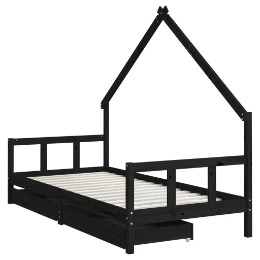Fekete tömör fenyőfa gyerekágykeret fiókokkal 90 x 200 cm
