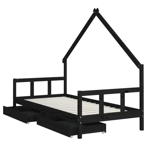 Fekete tömör fenyőfa gyerekágykeret fiókokkal 90 x 200 cm