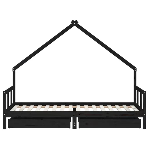 Fekete tömör fenyőfa gyerekágykeret fiókokkal 90 x 200 cm