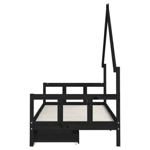 Fekete tömör fenyőfa gyerekágykeret fiókokkal 90 x 200 cm