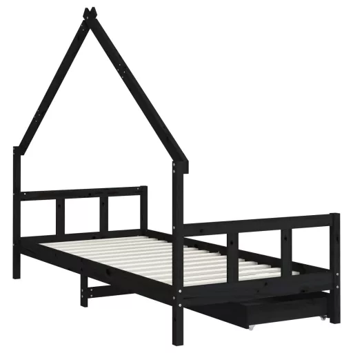 Fekete tömör fenyőfa gyerekágykeret fiókokkal 90 x 200 cm