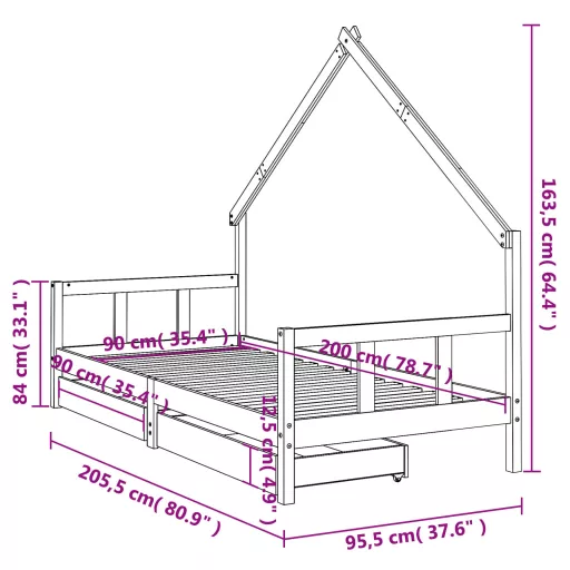 Fekete tömör fenyőfa gyerekágykeret fiókokkal 90 x 200 cm