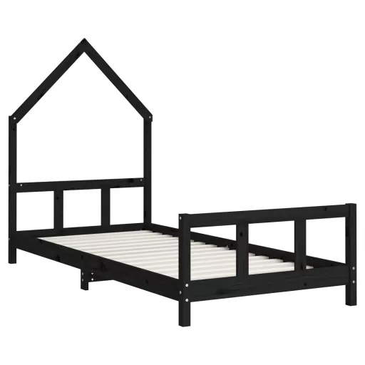 Fekete tömör fenyőfa gyerekágykeret 90 x 190 cm