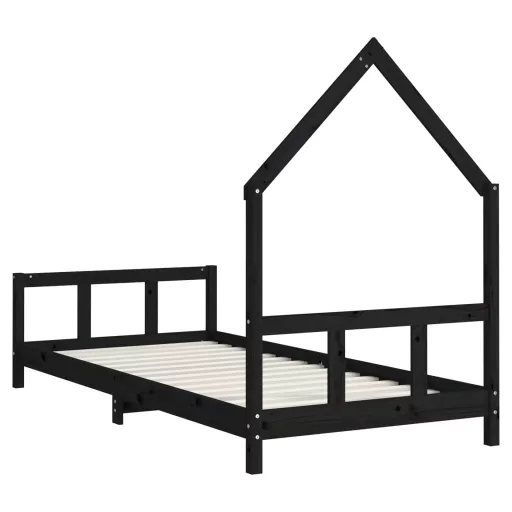 Fekete tömör fenyőfa gyerekágykeret 90 x 190 cm