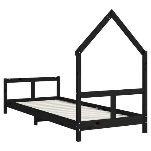 Fekete tömör fenyőfa gyerekágykeret 80 x 200 cm