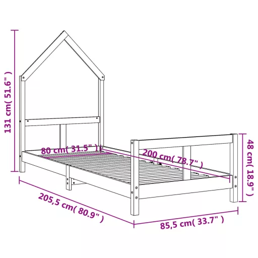 Fekete tömör fenyőfa gyerekágykeret 80 x 200 cm