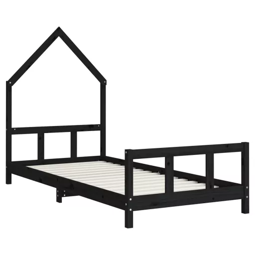 Fekete tömör fenyőfa gyerekágykeret 90 x 200 cm
