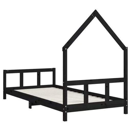 Fekete tömör fenyőfa gyerekágykeret 90 x 200 cm