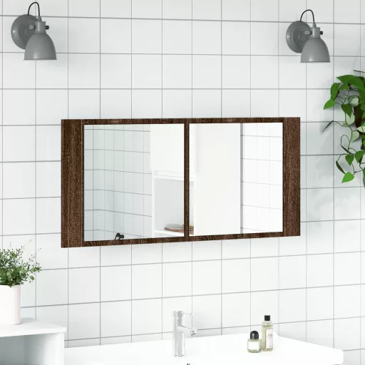 Barna tölgyszínű LED-es tükrös fürdőszobaszekrény 100x12x45cm