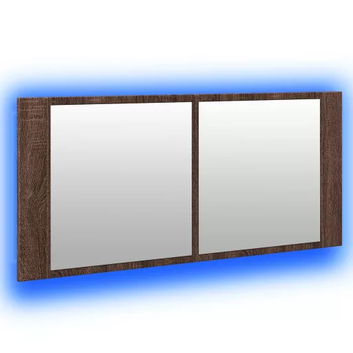 Barna tölgyszínű LED-es tükrös fürdőszobaszekrény 100x12x45cm