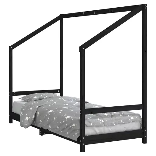 Fekete tömör fenyőfa gyerekágykeret 80 x 200 cm