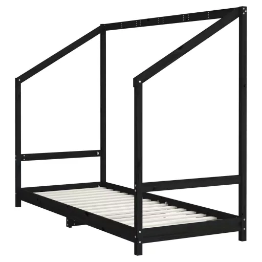 Fekete tömör fenyőfa gyerekágykeret 80 x 200 cm