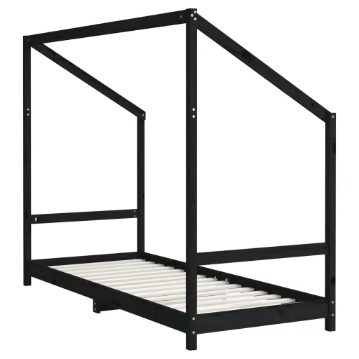 Fekete tömör fenyőfa gyerekágykeret 80 x 200 cm