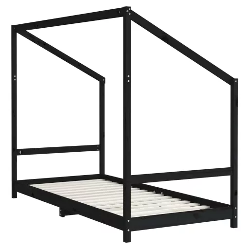 Fekete tömör fenyőfa gyerekágykeret 90 x 200 cm