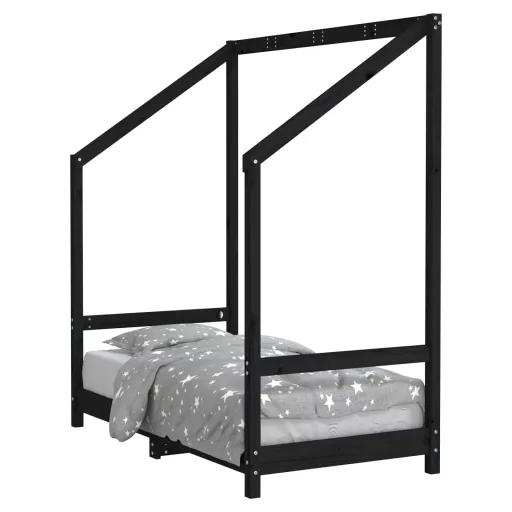 Fekete tömör fenyőfa gyerekágykeret 70 x 140 cm