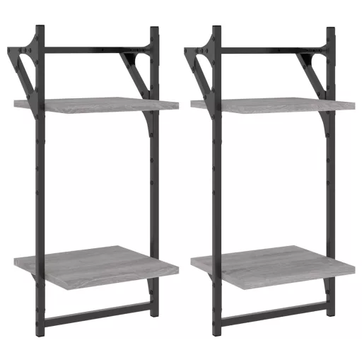 2 db 2 szintes szürke sonoma tölgy falipolc rúddal 30x25x65 cm